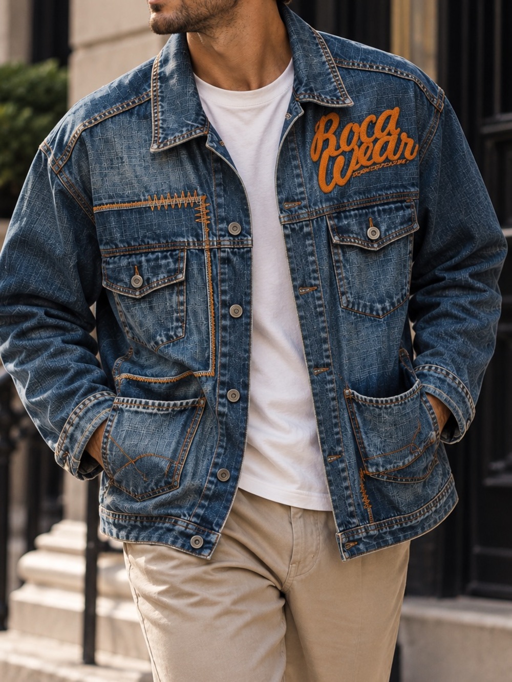 Vintage Rocawear Men's Blue Denim Jacket Embroidered Script Logo Y2K Hip Hop